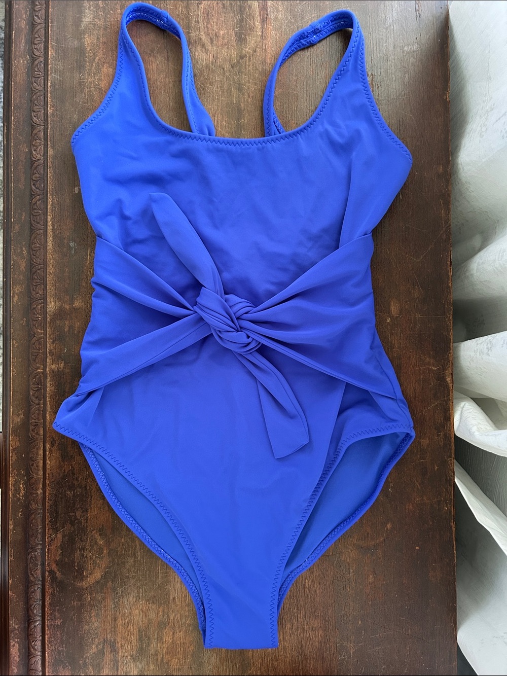Fabletics Blue One-Piece Swimsuit with wait cinching Front Tie flattering fit!